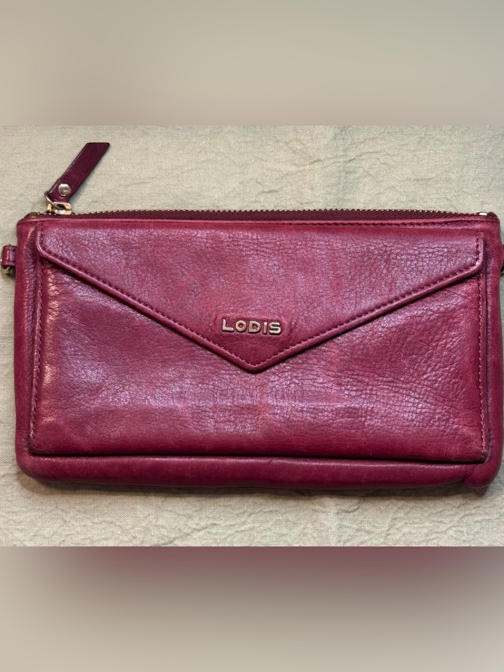 Lodis Wine Red Leather Envelope Wristlet Clutch